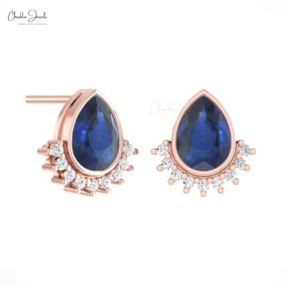 Dual Birthstone Earrings With 1.8 Ct Blue Sapphire Diamond Flare Studs In 14k Real Gold