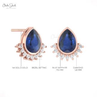 Dual Birthstone Earrings With 1.8 Ct Blue Sapphire Diamond Flare Studs In 14k Real Gold