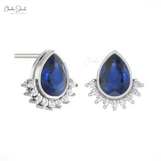 Dual Birthstone Earrings With 1.8 Ct Blue Sapphire Diamond Flare Studs In 14k Real Gold