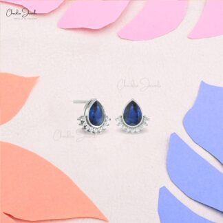 Dual Birthstone Earrings With 1.8 Ct Blue Sapphire Diamond Flare Studs In 14k Real Gold