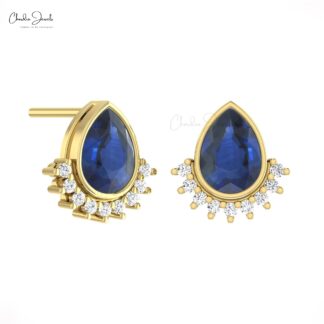 Dual Birthstone Earrings With 1.8 Ct Blue Sapphire Diamond Flare Studs In 14k Real Gold