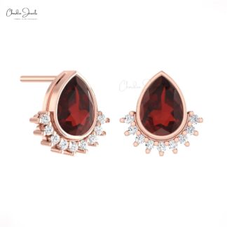 Pear Bezel Set Earrings With 1.26 Ct Red Garnet And Diamond Flare Studs In 14k Real Gold