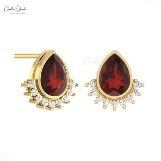 Pear Bezel Set Earrings With 1.26 Ct Red Garnet And Diamond Flare Studs In 14k Real Gold