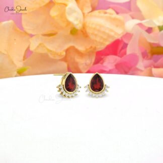 Pear Bezel Set Earrings With 1.26 Ct Red Garnet And Diamond Flare Studs In 14k Real Gold