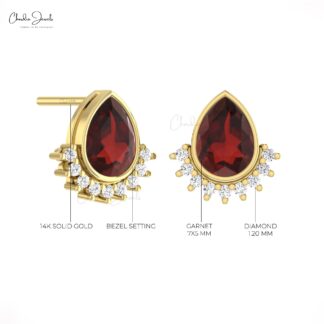 Pear Bezel Set Earrings With 1.26 Ct Red Garnet And Diamond Flare Studs In 14k Real Gold