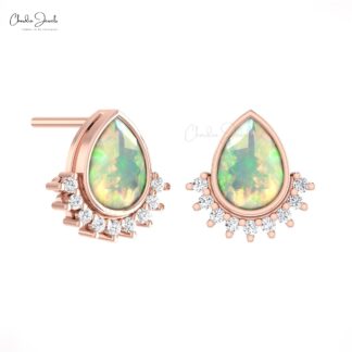 Floating Diamond Studs With 7x5mm Fire Opal Bezel Set In 14k Pure Gold Earrings For Her