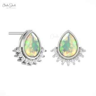 Floating Diamond Studs With 7x5mm Fire Opal Bezel Set In 14k Pure Gold Earrings For Her
