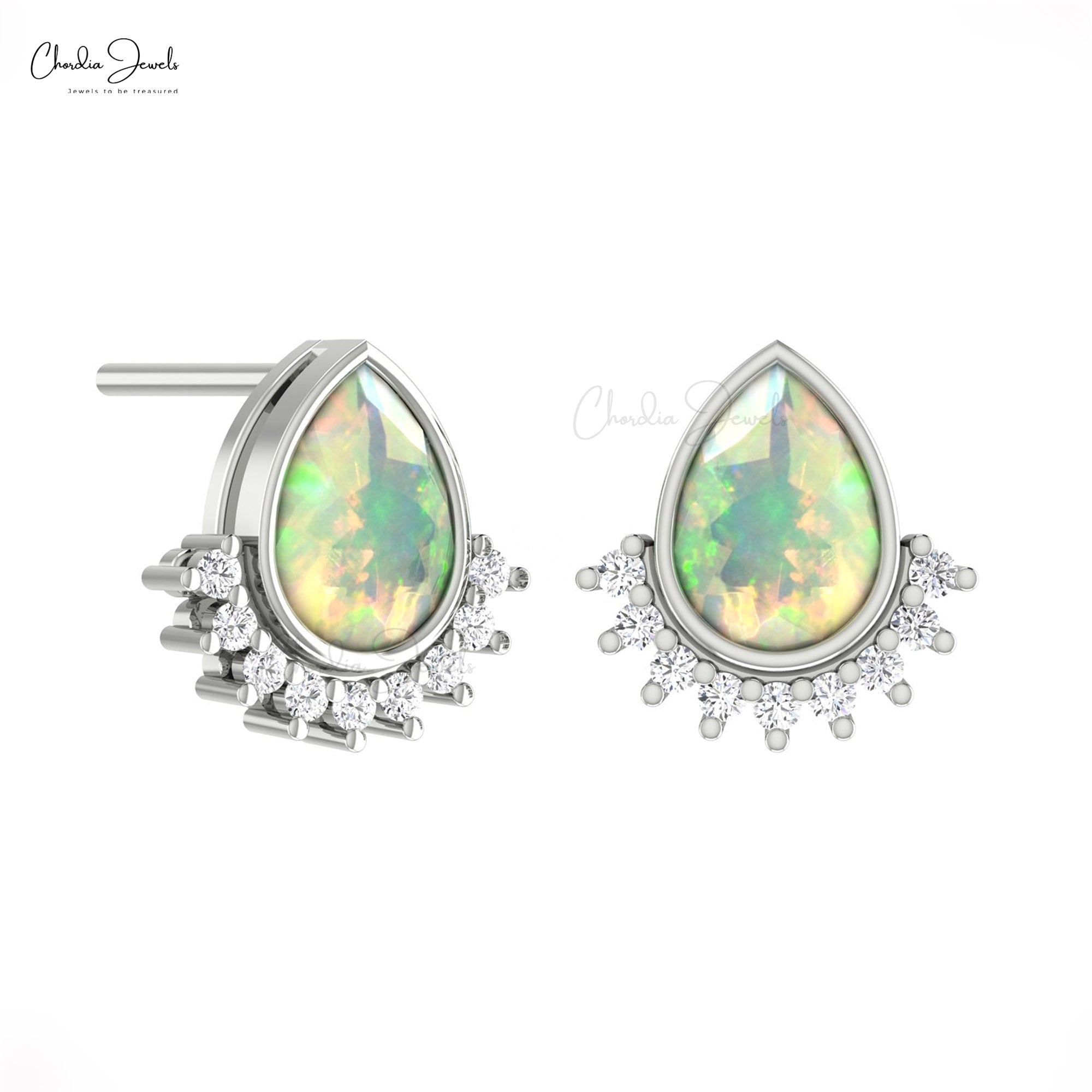 Floating Diamond Studs With 7x5mm Fire Opal Bezel Set In 14k Pure Gold Earrings For Her