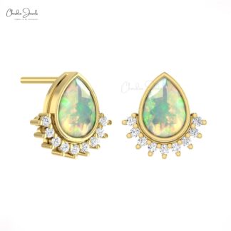 Floating Diamond Studs With 7x5mm Fire Opal Bezel Set In 14k Pure Gold Earrings For Her