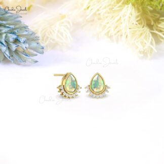 Floating Diamond Studs With 7x5mm Fire Opal Bezel Set In 14k Pure Gold Earrings For Her