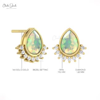 Floating Diamond Studs With 7x5mm Fire Opal Bezel Set In 14k Pure Gold Earrings For Her
