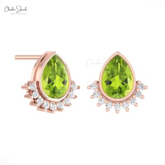 Delicate Pear Dainty Earring In Pure 14k Gold Peridot August Birthstone Diamond Studs