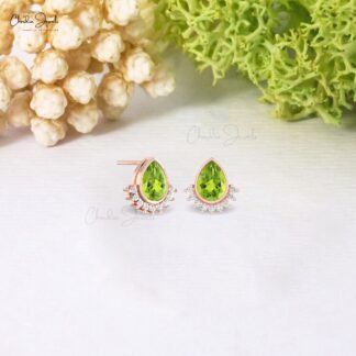 Delicate Pear Dainty Earring In Pure 14k Gold Peridot August Birthstone Diamond Studs