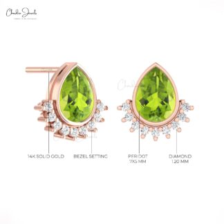 Delicate Pear Dainty Earring In Pure 14k Gold Peridot August Birthstone Diamond Studs