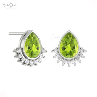 Delicate Pear Dainty Earring In Pure 14k Gold Peridot August Birthstone Diamond Studs