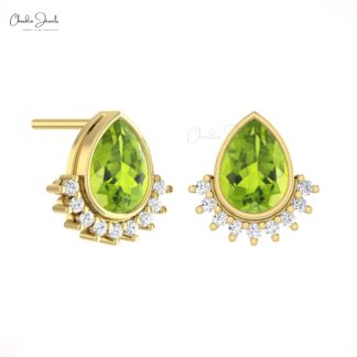Delicate Pear Dainty Earring In Pure 14k Gold Peridot August Birthstone Diamond Studs