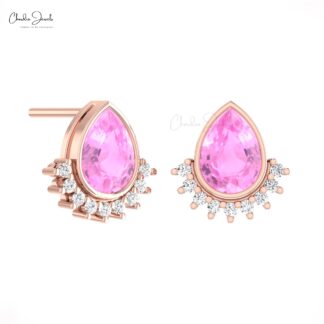Bezel Set Flare Stud In Real 14k Gold Pink Sapphire And Small Diamond Unique Earrings