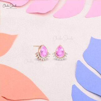Bezel Set Flare Stud In Real 14k Gold Pink Sapphire And Small Diamond Unique Earrings