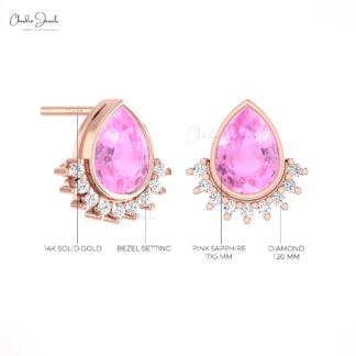Bezel Set Flare Stud In Real 14k Gold Pink Sapphire And Small Diamond Unique Earrings