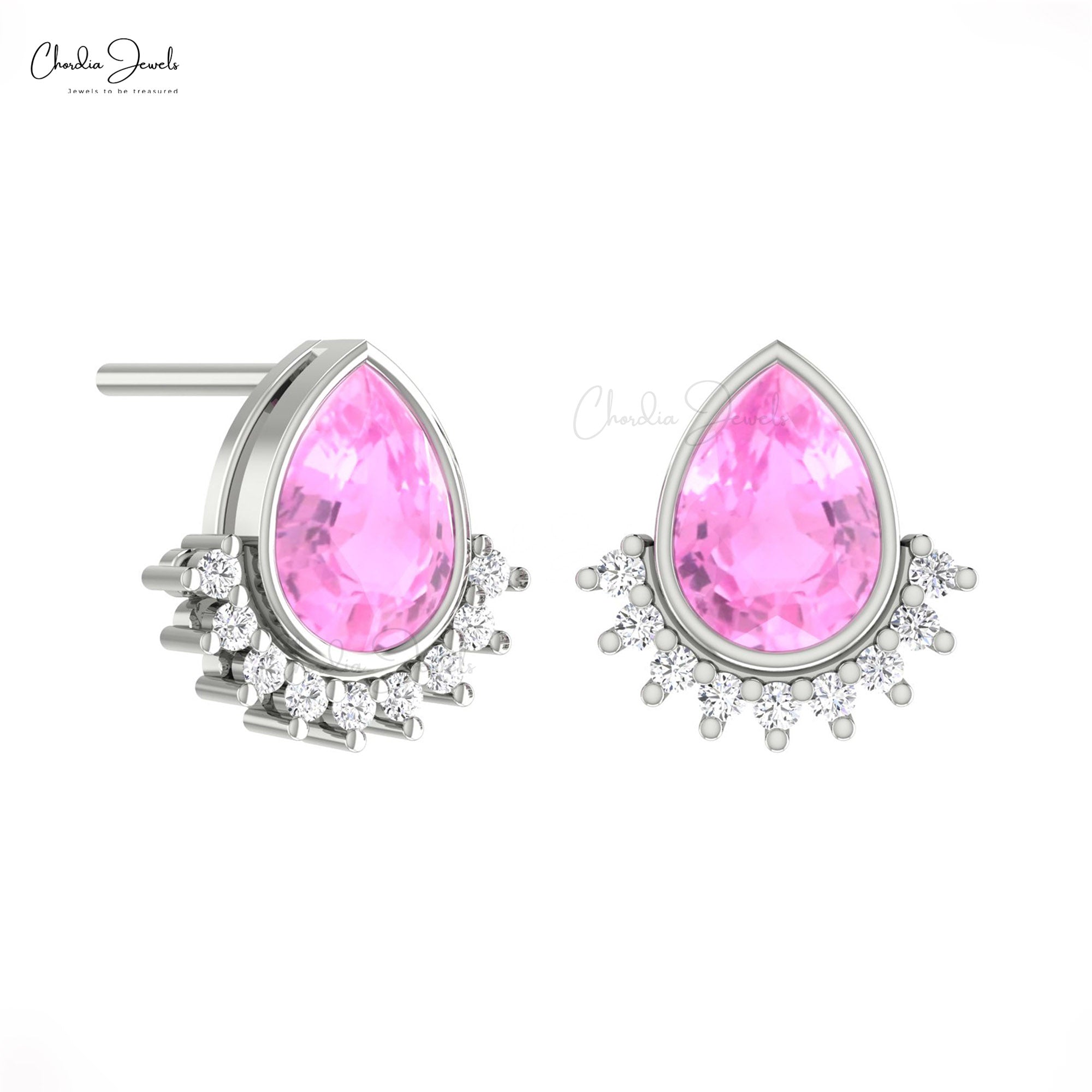 Bezel Set Flare Stud In Real 14k Gold Pink Sapphire And Small Diamond Unique Earrings