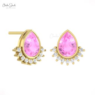 Bezel Set Flare Stud In Real 14k Gold Pink Sapphire And Small Diamond Unique Earrings