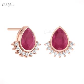 Solid 14k Gold Flare Earrings With 7x5mm Burma Ruby July Birthstone And Diamond Studs