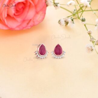 Solid 14k Gold Flare Earrings With 7x5mm Burma Ruby July Birthstone And Diamond Studs