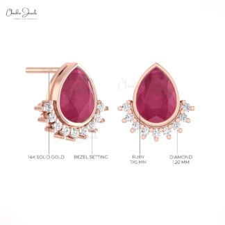 Solid 14k Gold Flare Earrings With 7x5mm Burma Ruby July Birthstone And Diamond Studs