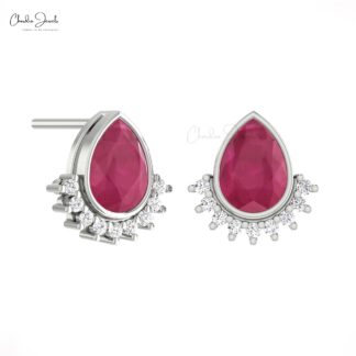 Solid 14k Gold Flare Earrings With 7x5mm Burma Ruby July Birthstone And Diamond Studs