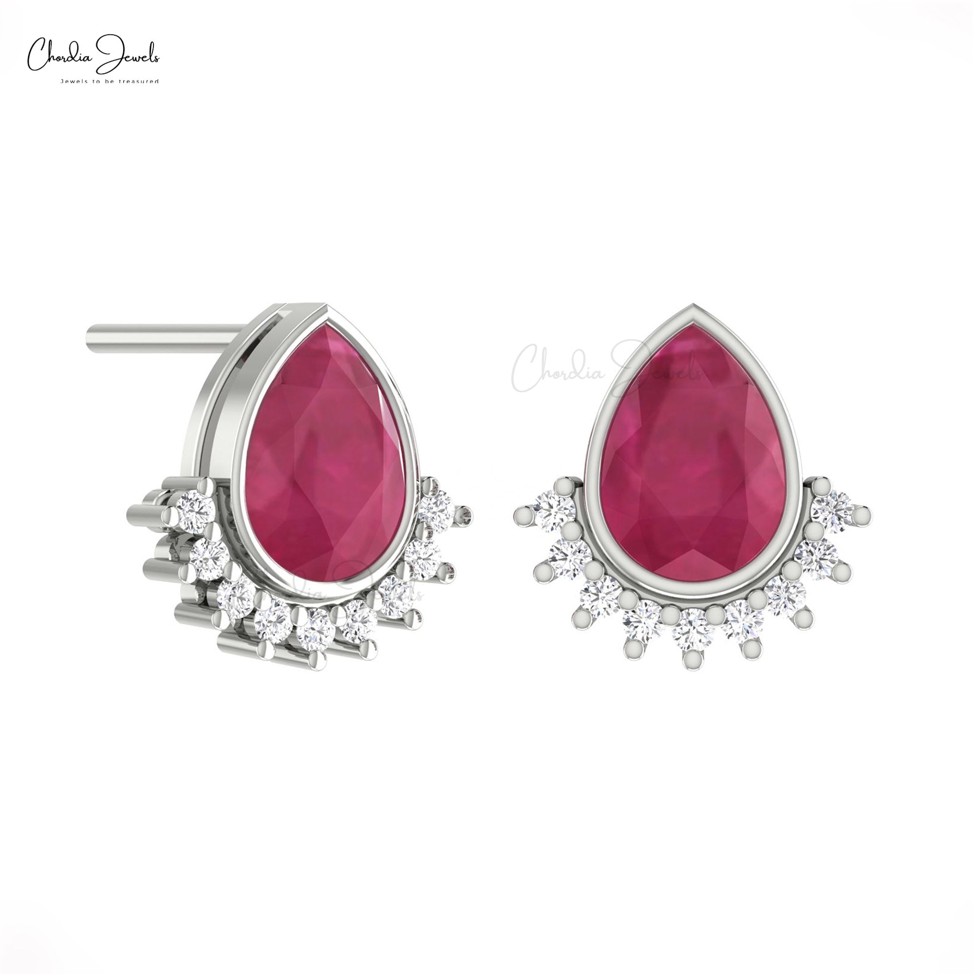 Solid 14k Gold Flare Earrings With 7x5mm Burma Ruby July Birthstone And Diamond Studs