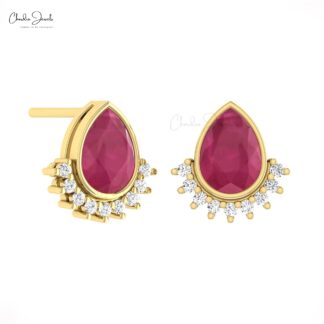 Solid 14k Gold Flare Earrings With 7x5mm Burma Ruby July Birthstone And Diamond Studs