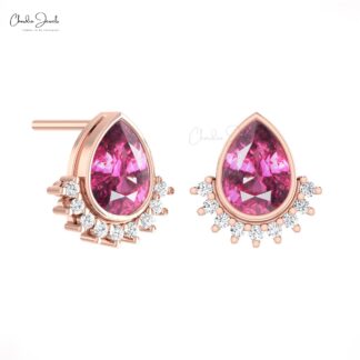 Solid 14k Gold Flare Stud With 1.26 Ct Rhodolite Garnet Diamond Handmade Earrings