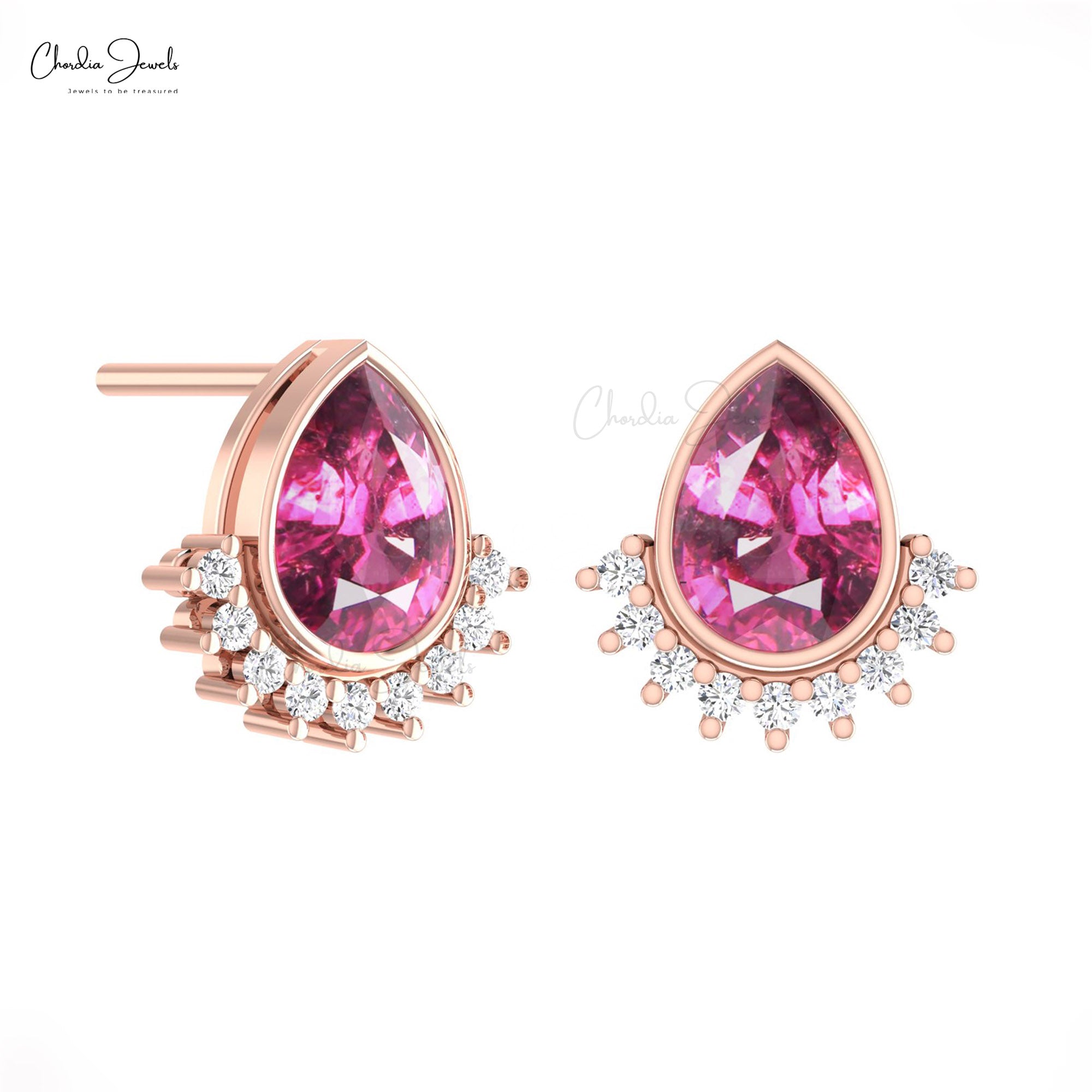 Solid 14k Gold Flare Stud With 1.26 Ct Rhodolite Garnet Diamond Handmade Earrings