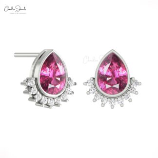 Solid 14k Gold Flare Stud With 1.26 Ct Rhodolite Garnet Diamond Handmade Earrings