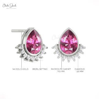 Solid 14k Gold Flare Stud With 1.26 Ct Rhodolite Garnet Diamond Handmade Earrings