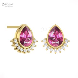 Solid 14k Gold Flare Stud With 1.26 Ct Rhodolite Garnet Diamond Handmade Earrings