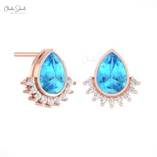 Small Diamond Dainty Earrings In 14k Solid Gold Swiss Blue Topaz 7x5mm Pear Flare Studs