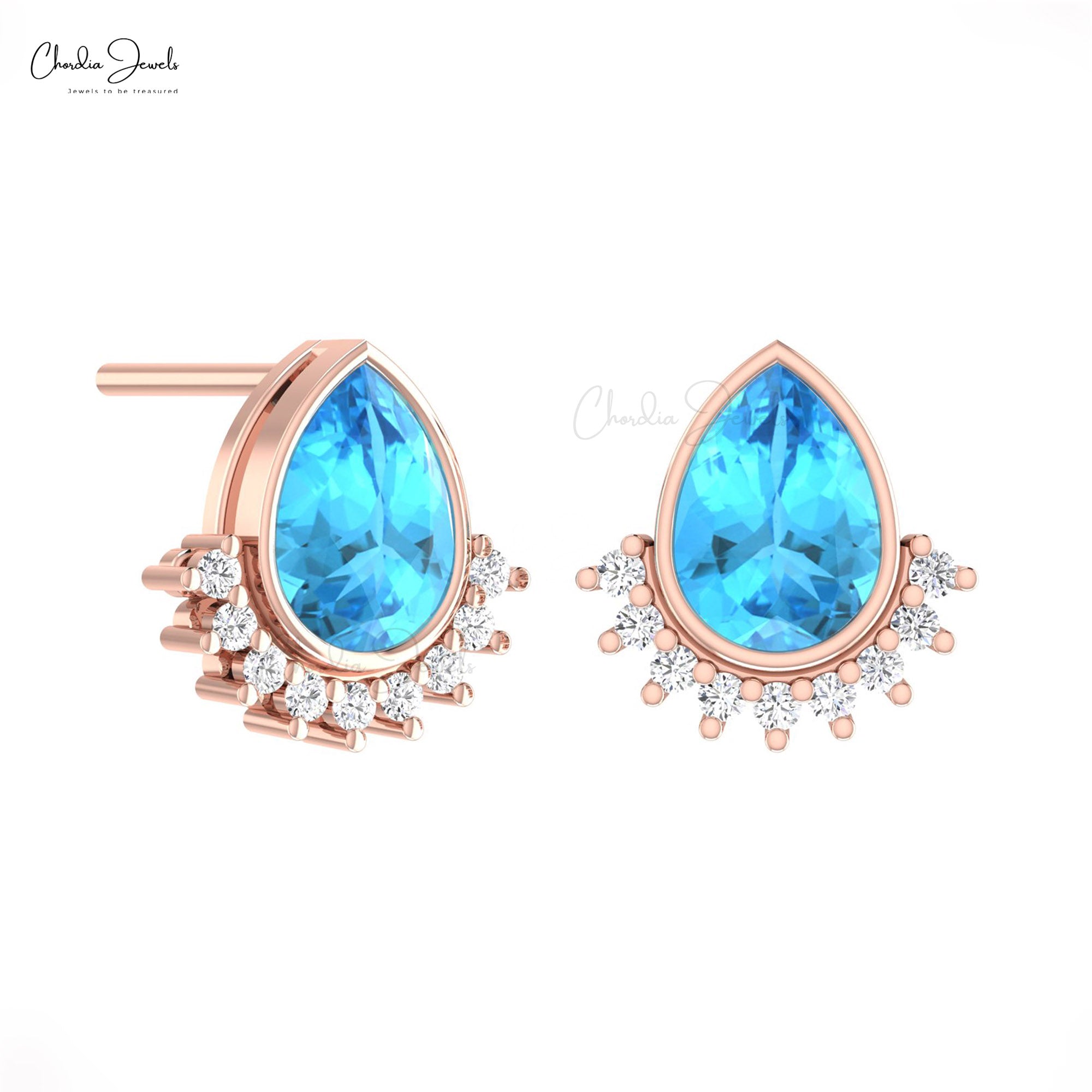 Small Diamond Dainty Earrings In 14k Solid Gold Swiss Blue Topaz 7x5mm Pear Flare Studs