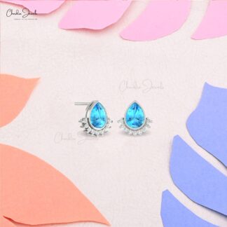 Small Diamond Dainty Earrings In 14k Solid Gold Swiss Blue Topaz 7x5mm Pear Flare Studs
