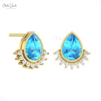Small Diamond Dainty Earrings In 14k Solid Gold Swiss Blue Topaz 7x5mm Pear Flare Studs
