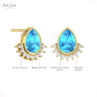 Small Diamond Dainty Earrings In 14k Solid Gold Swiss Blue Topaz 7x5mm Pear Flare Studs