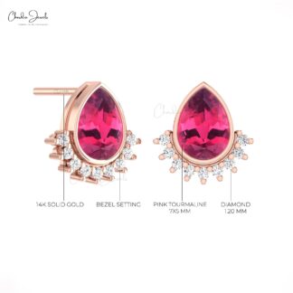 Floating Diamond Studs In 14k Real Gold Pink Tourmaline October Birthstone Earrings