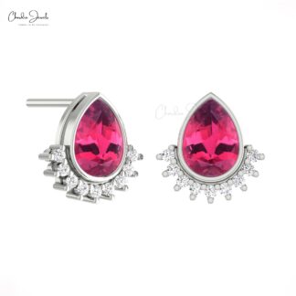 Floating Diamond Studs In 14k Real Gold Pink Tourmaline October Birthstone Earrings