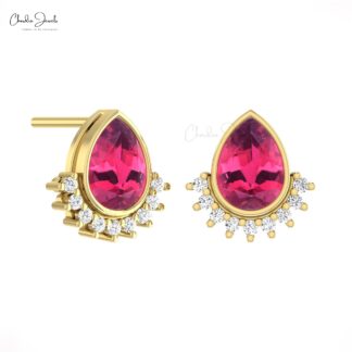 Floating Diamond Studs In 14k Real Gold Pink Tourmaline October Birthstone Earrings