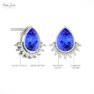 Pear Shape Minimalist Earring With 7x5mm Tanzanite And Diamond 14k Pure Gold Flare Studs