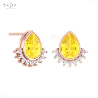 Natural Yellow Sapphire Dainty Earrings In Solid 14k Gold Diamond Flare Women Studs