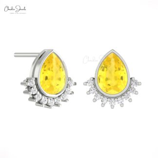 Natural Yellow Sapphire Dainty Earrings In Solid 14k Gold Diamond Flare Women Studs