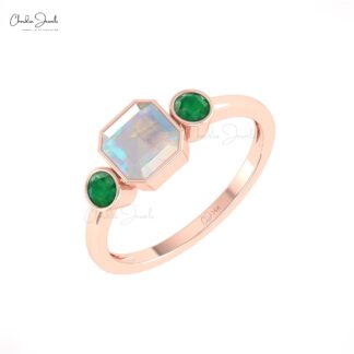 Three Stone Women Ring In Solid 14k Gold Fire Opal And 0.22 Ct Emerald Engagement Rings
