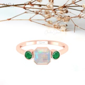 Three Stone Women Ring In Solid 14k Gold Fire Opal And 0.22 Ct Emerald Engagement Rings