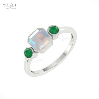 Three Stone Women Ring In Solid 14k Gold Fire Opal And 0.22 Ct Emerald Engagement Rings